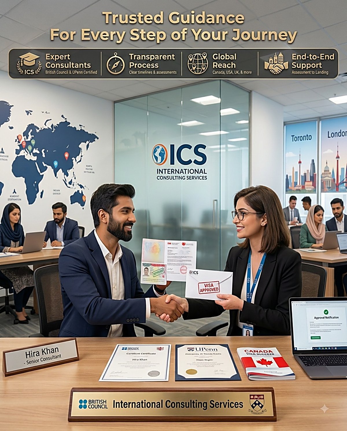 ICS consultants guiding a student through visa approval, with certifications from British Council and UPenn Law